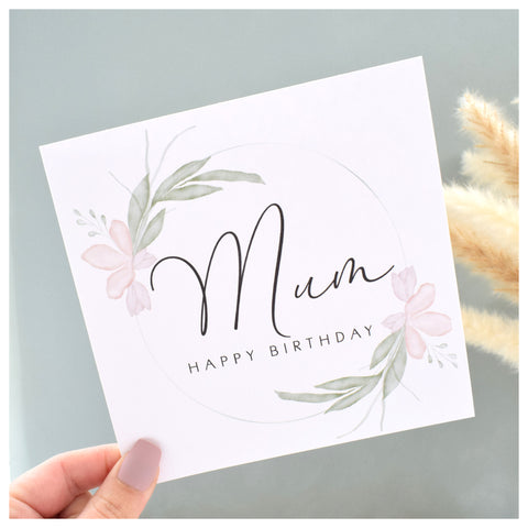 Happy Birthday Mum Greeting Card. Pastel Floral Elegant Wreath