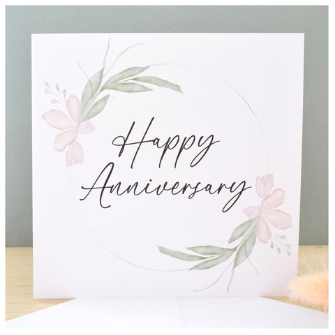 Happy Anniversary Greeting Card. Pastel Floral Elegant Wreath