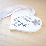 Our First Christmas Engaged 2023 White Wood Heart Decoration