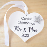 Our First Christmas As Mr & Mrs 2023 White Wood Heart Decoration