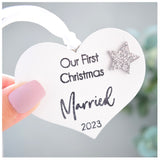 Our First Christmas Married 2023 White Wood Heart Decoration