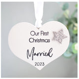 Our First Christmas Married 2023 White Wood Heart Decoration