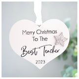 Merry Christmas to the Best Teacher 2023 White Wood Heart Decoration