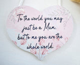 Mum You are the World to me. Hanging Wood Plaque.