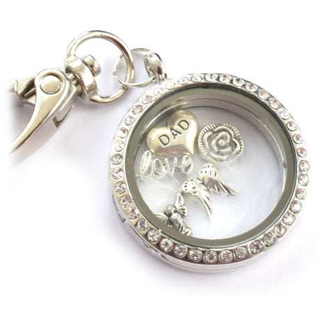 In Memory of Dad Round Diamonte Locket Keyring