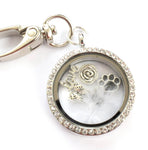 In Memory of Pet. Dog / Cat Paw Round Diamonte Locket Keyring