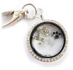 In Memory of Pet. Dog / Cat Paw Round Diamonte Locket Keyring