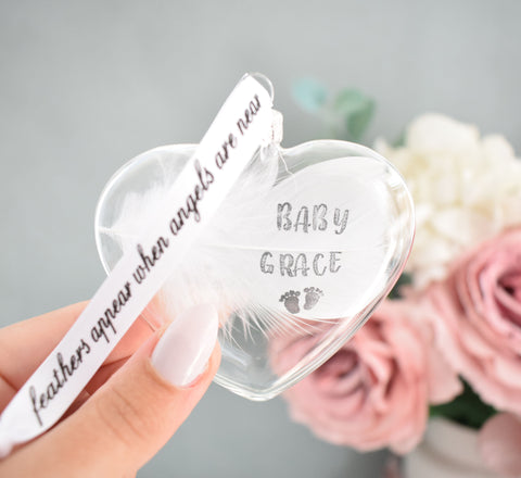 White Feather Bauble & Black or White Display Stand. Personalised Wording