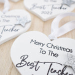 Merry Christmas to the Best Teacher 2023 White Wood Heart Decoration