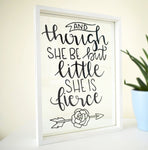 Though She Be But Little She Is Fierce Quote Floating Frame. Personalised Lettering Colours Rose Gold White Black. Nursery Newborn Baby Gift