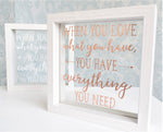 Wedding Couple Love Quote Photo Frame Keepsake. Nursery Decor. Personalised Colours Rose Gold Copper White. Wood Glass Shelf Ornament Gift