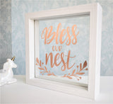 Bless Our Nest Frame. Floating Glass Wood Framed Wall Art, Personalised Colours Rose Gold White Black. Home Decor Housewarming Ornament