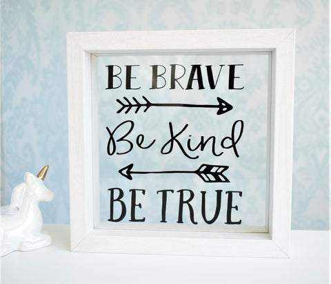 Be Brave, Kind, True. Positive Inspirational Floating Glass Frame. Personalised Wood Shelf Arrow Decor. Uplifting Motivational Rose Gold